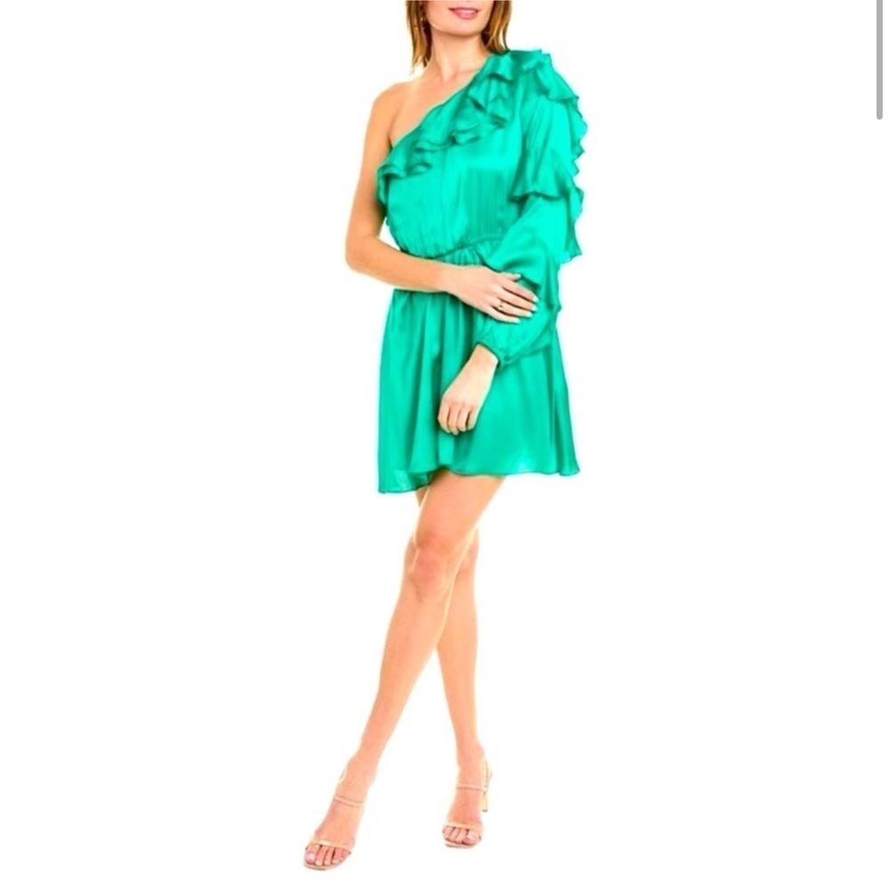 NWT THE KOOPLES Mini Asymmetric Green Dress w/ Ruffle Sleeve & Neckline size M